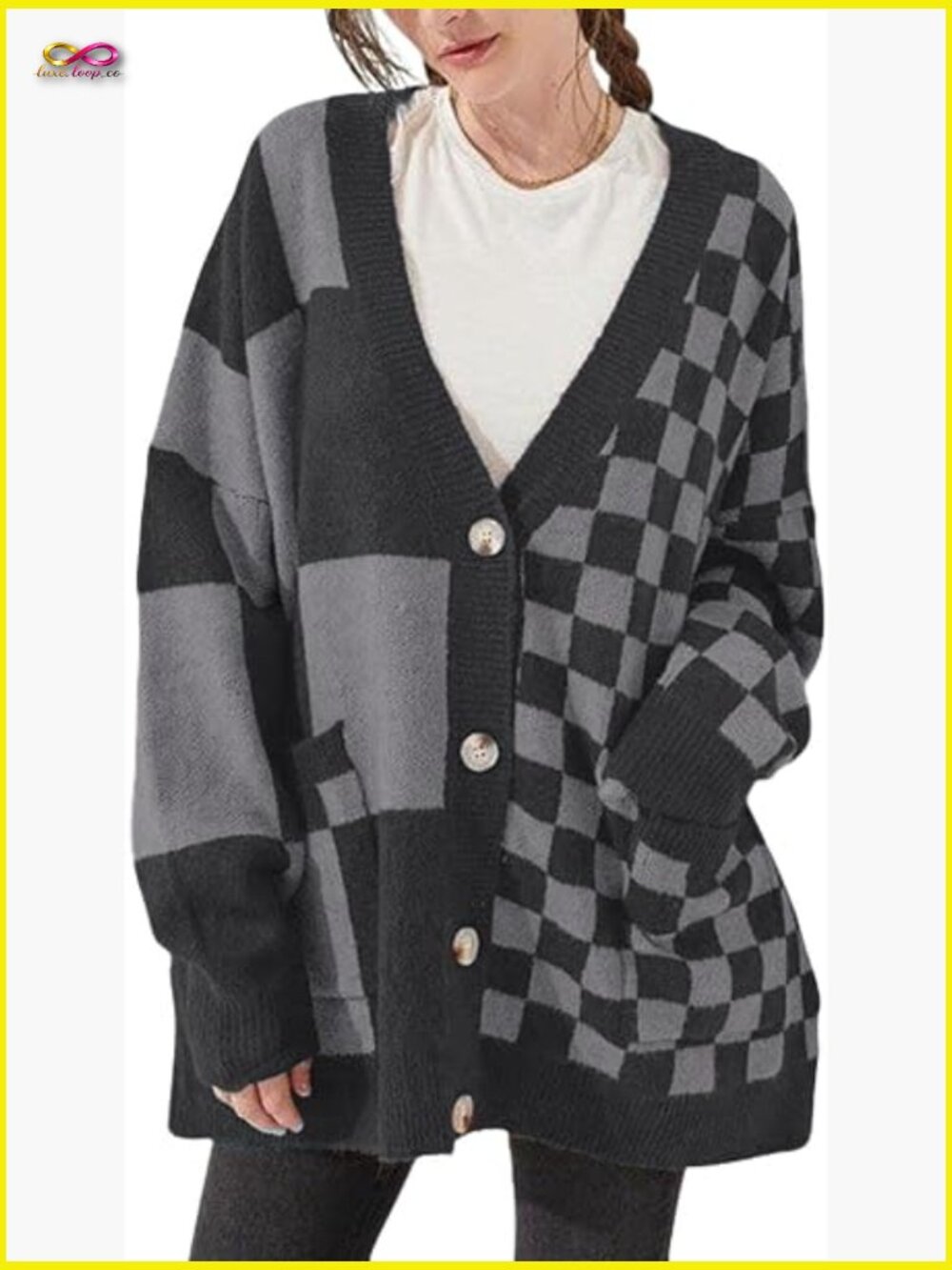 Slouchy Checkered Cardigan Oversized Open Front V-Neck Button Down Knit Sweater
